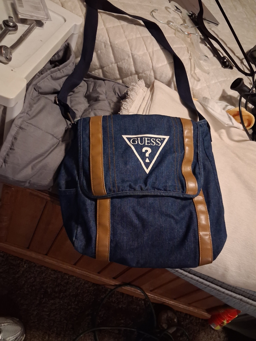 GUESS Denim Messenger Bag with Brown Trim